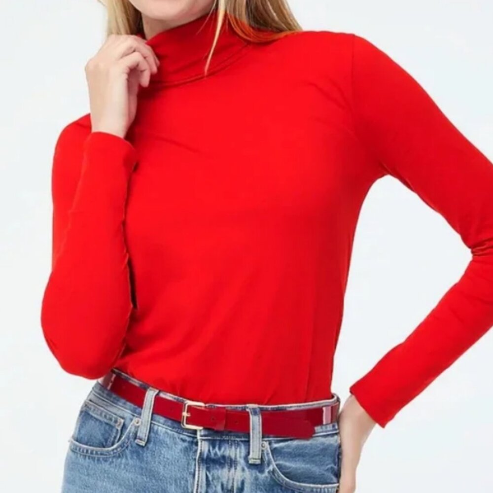 J Crew Long Sleeve Ultra Thin Cotton Relaxed Straight Tissue Turtleneck Top Red